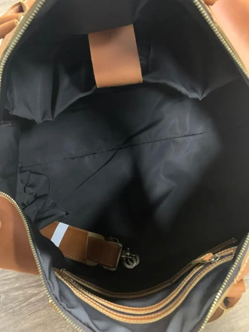 Leather Travel Duffel Bag, Weekender,Brown travel weekender hold all overnight carry on duffel with shoe compartment pocket (with shoe pocket compartment, 28 inch)