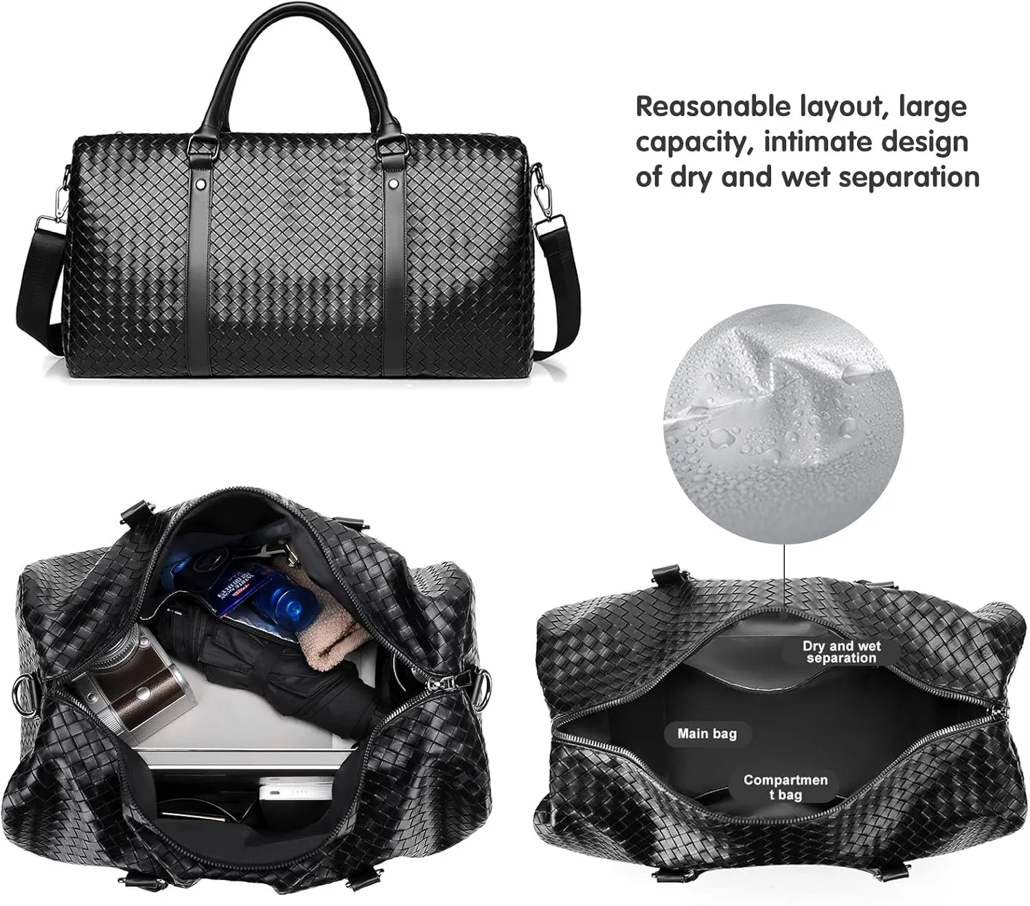 Leather Travel Duffle Bag for Men, Woven Carry On Weekender Overnight Bags for Business Sports Gym