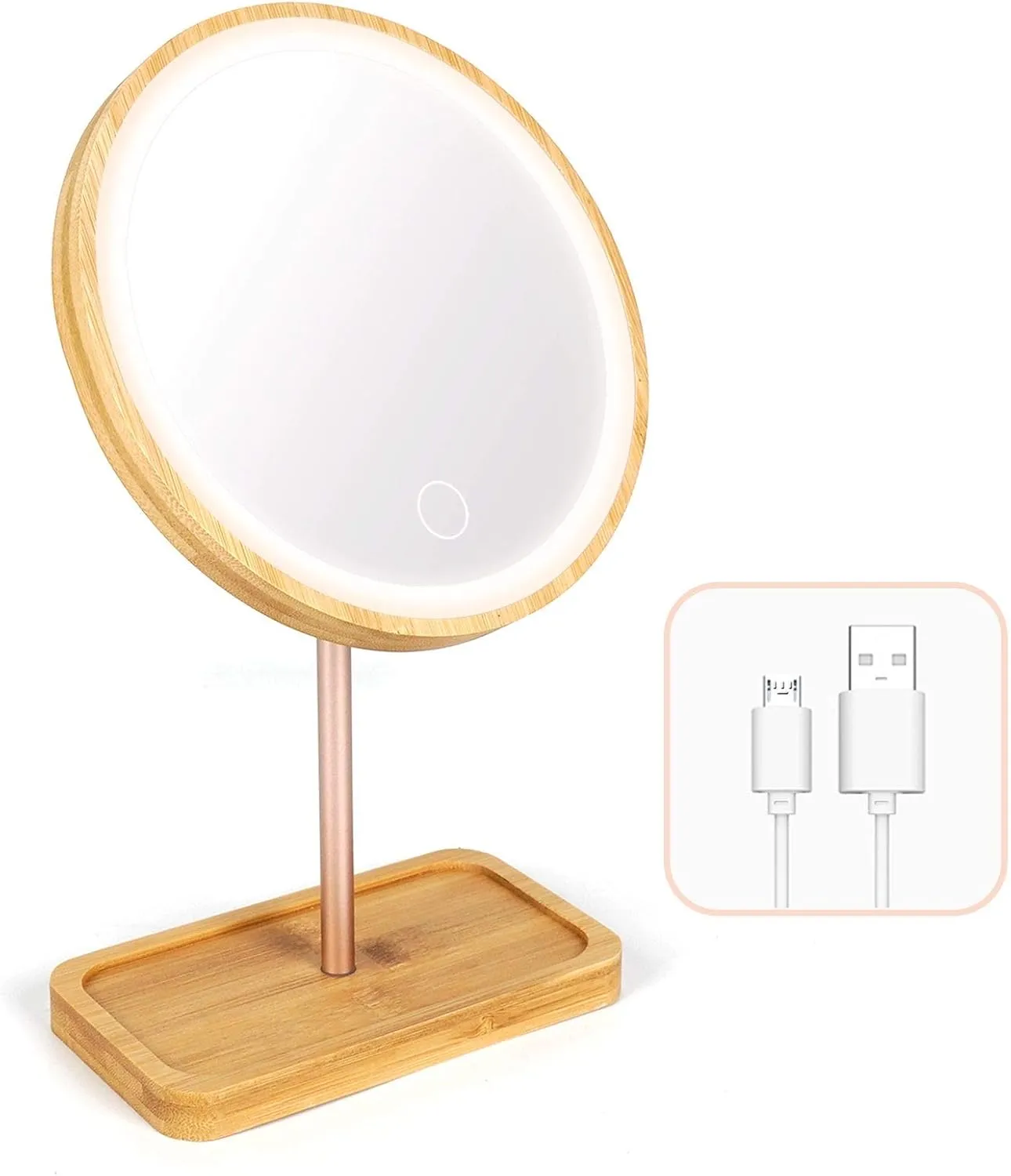 Led Bamboo Wooden Makeup Mirror Desktop Cosmetic Mirrors with 3 Lighting Modes USB Rechargeable Battery Adjustable Touch Beauty Lamp