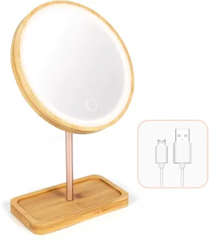 Led Bamboo Wooden Makeup Mirror Desktop Cosmetic Mirrors with 3 Lighting Modes USB Rechargeable Battery Adjustable Touch Beauty Lamp