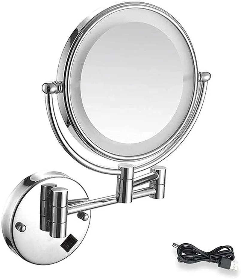 LED Lighted Makeup Mirror Wall Mount 7X Magnifying Cosmetic Mirror 360° Swivel Extendable Two Sided Vanity Mirror for Bathroom USB Rechargeable