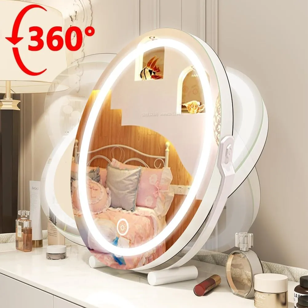 LED Makeup Mirror Desktop Desktop Fill Light Smart Bedroom Dressing Table Mirror Can Rotate 360° Suitable for Dressing Room and Bedroom(Gold,11.8"X13.3")