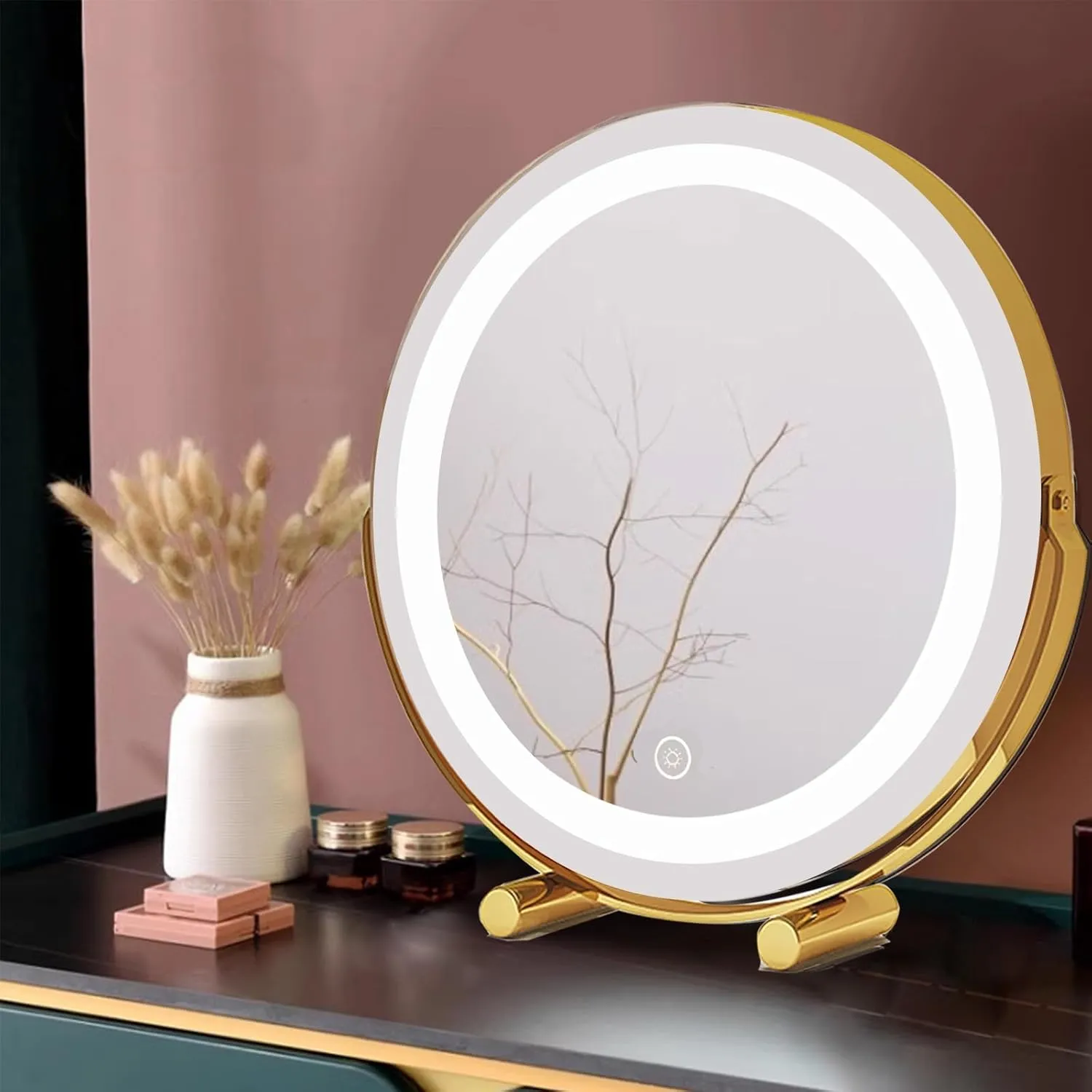 LED Makeup Mirror Desktop Desktop Fill Light Smart Bedroom Dressing Table Mirror Can Rotate 360° Suitable for Dressing Room and Bedroom(Gold,11.8"X13.3")