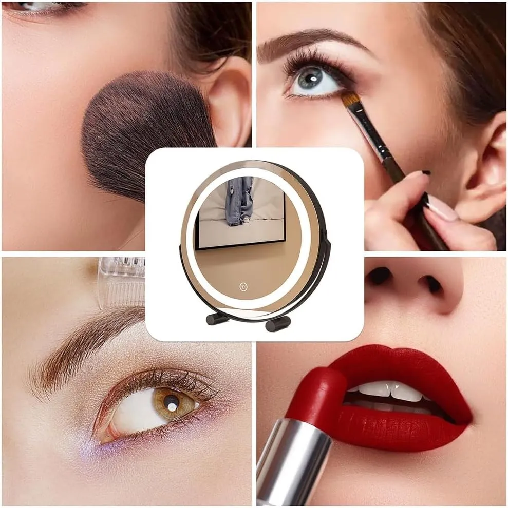 LED Makeup Mirror Desktop Desktop Fill Light Smart Bedroom Dressing Table Mirror Can Rotate 360° Suitable for Dressing Room and Bedroom(Gold,11.8"X13.3")