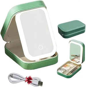 LED Three-Color Adjustable Makeup Mirror, Compact Travel Mirror with Lights, Rechargeable, 6.5"L x 4.5"W