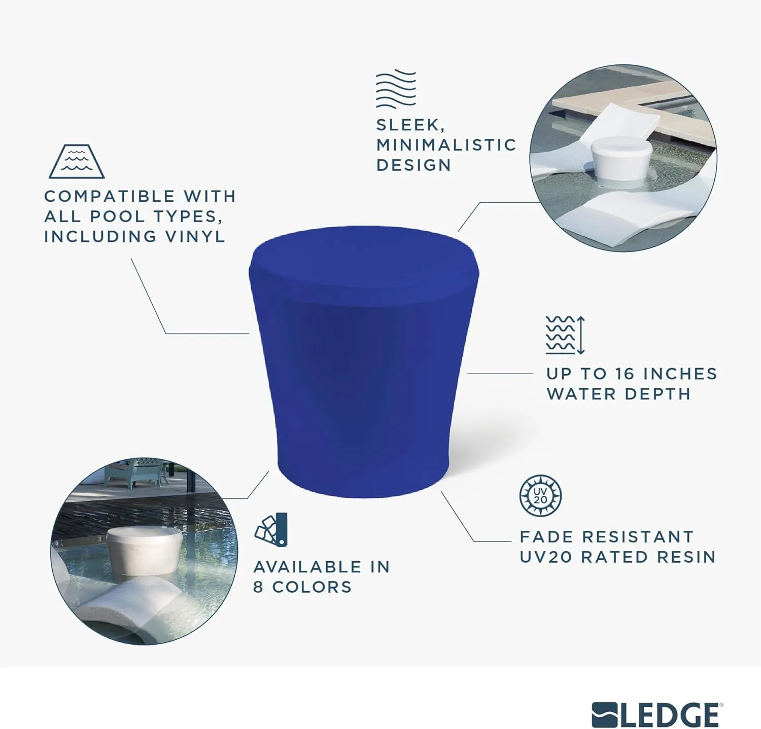 Ledge Lounger Affinity Side Table - in Pool Side Table for Ledges up to 16” inches deep - Indoor - Outdoor All Weather - Porch, Patio, Garden, Backyard, and Beach (Light Blue)
