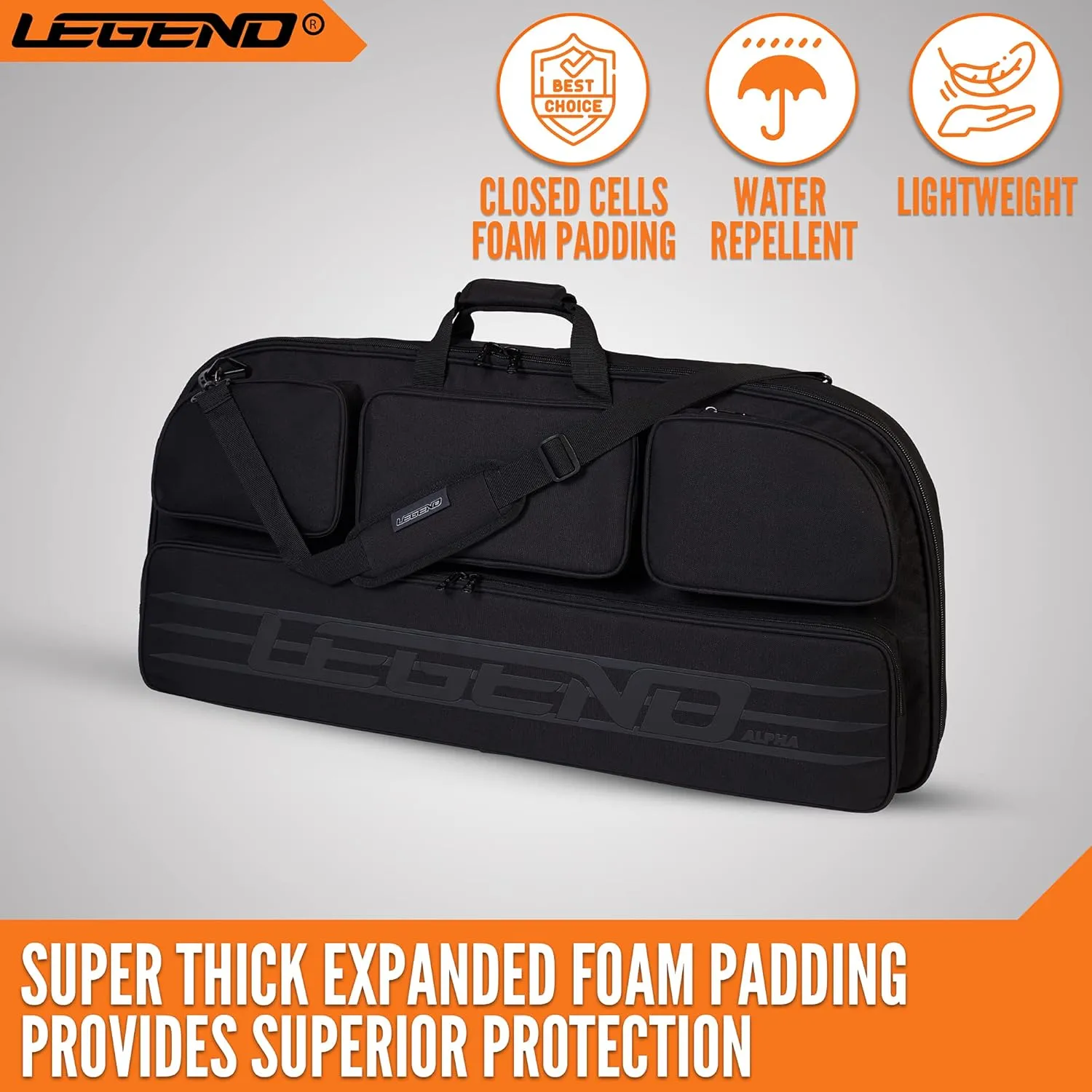 LEGEND Alpha Compound Bow Case - Securely Fits MTM Ultra Compact Arrow Cases - Archery Bow Bag with Back & Shoulder Straps - Includes Cam Protectors, Soft Padding, and Extra Pockets 37"x16.5" Interior