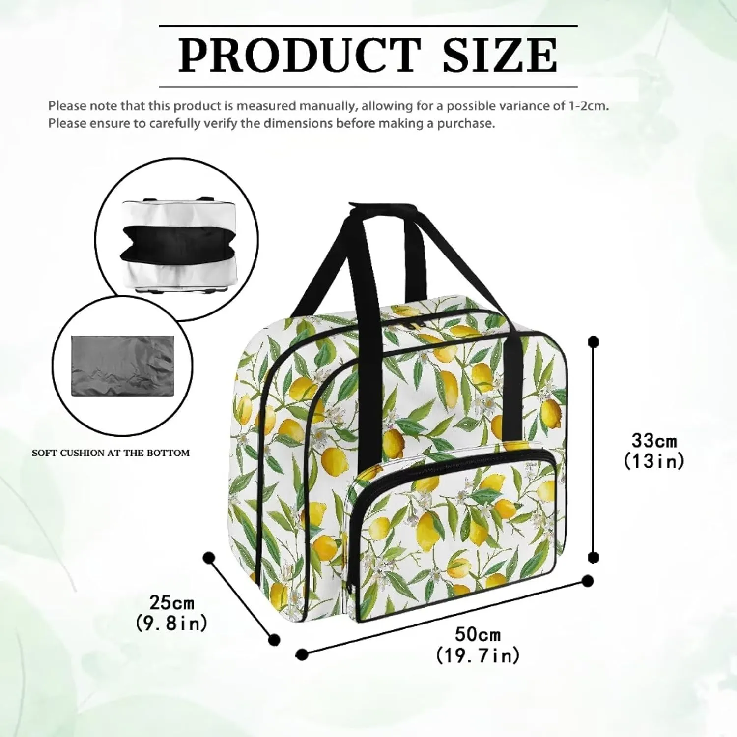 Lemon Flower Sewing Machine Carrying Case Portable Tote Bag Heavy Padded Sewing Machine Dust Cover Large Capacity Handbag for Sewing Machines