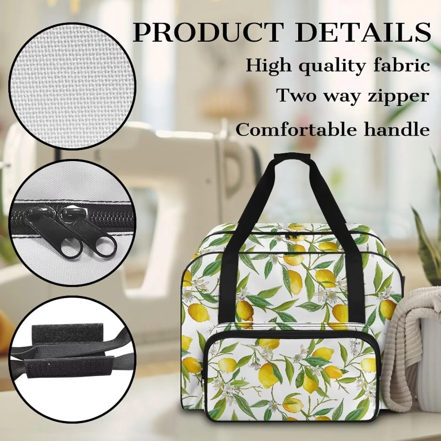 Lemon Flower Sewing Machine Carrying Case Portable Tote Bag Heavy Padded Sewing Machine Dust Cover Large Capacity Handbag for Sewing Machines