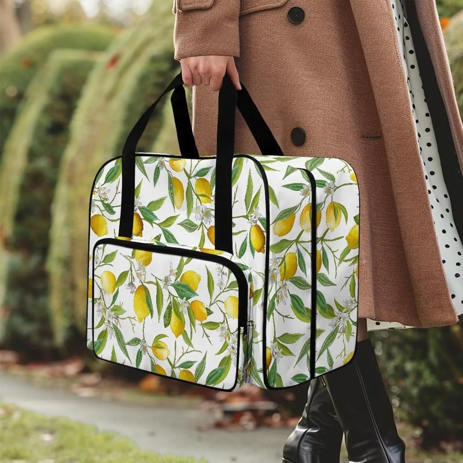 Lemon Flower Sewing Machine Carrying Case Portable Tote Bag Heavy Padded Sewing Machine Dust Cover Large Capacity Handbag for Sewing Machines
