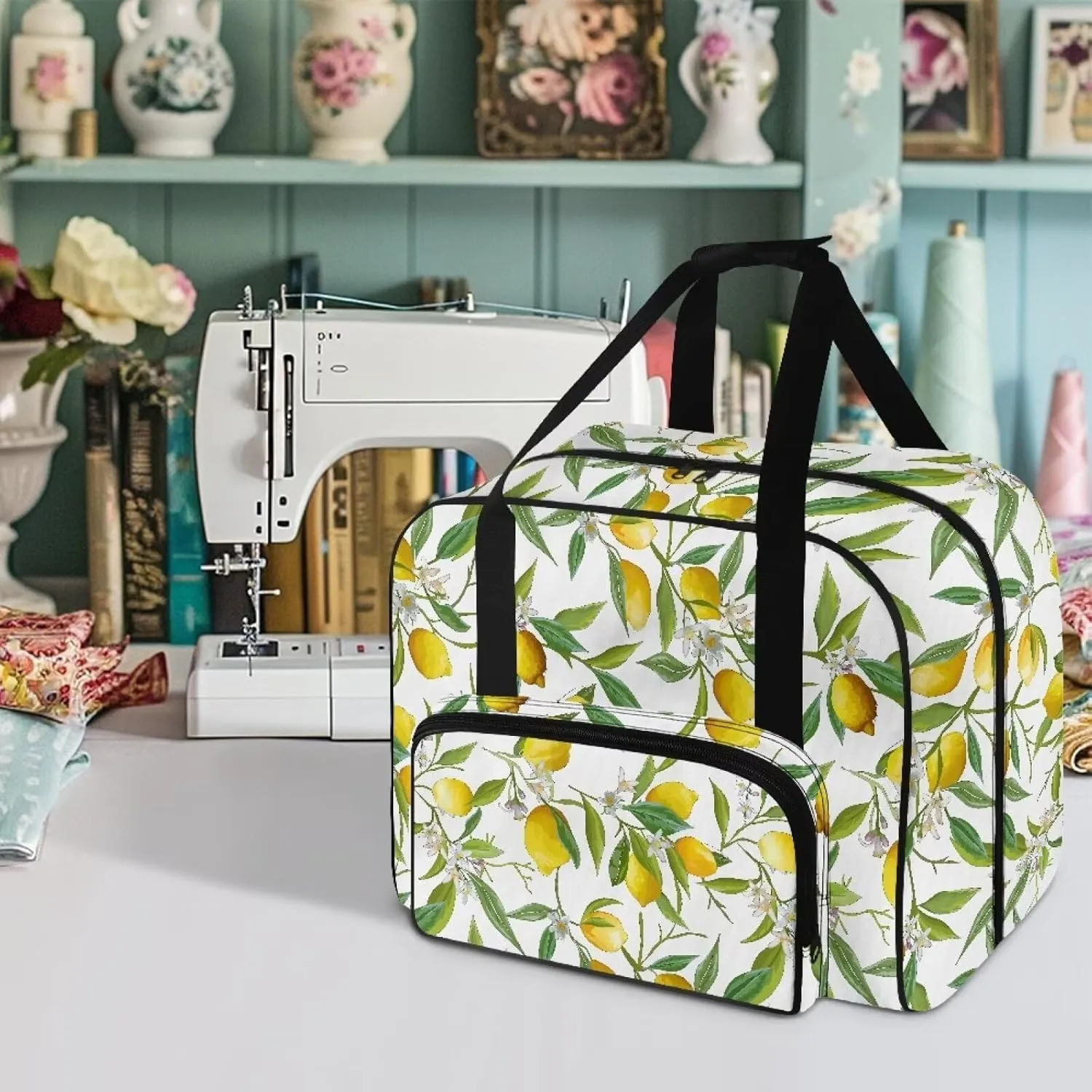 Lemon Flower Sewing Machine Carrying Case Portable Tote Bag Heavy Padded Sewing Machine Dust Cover Large Capacity Handbag for Sewing Machines