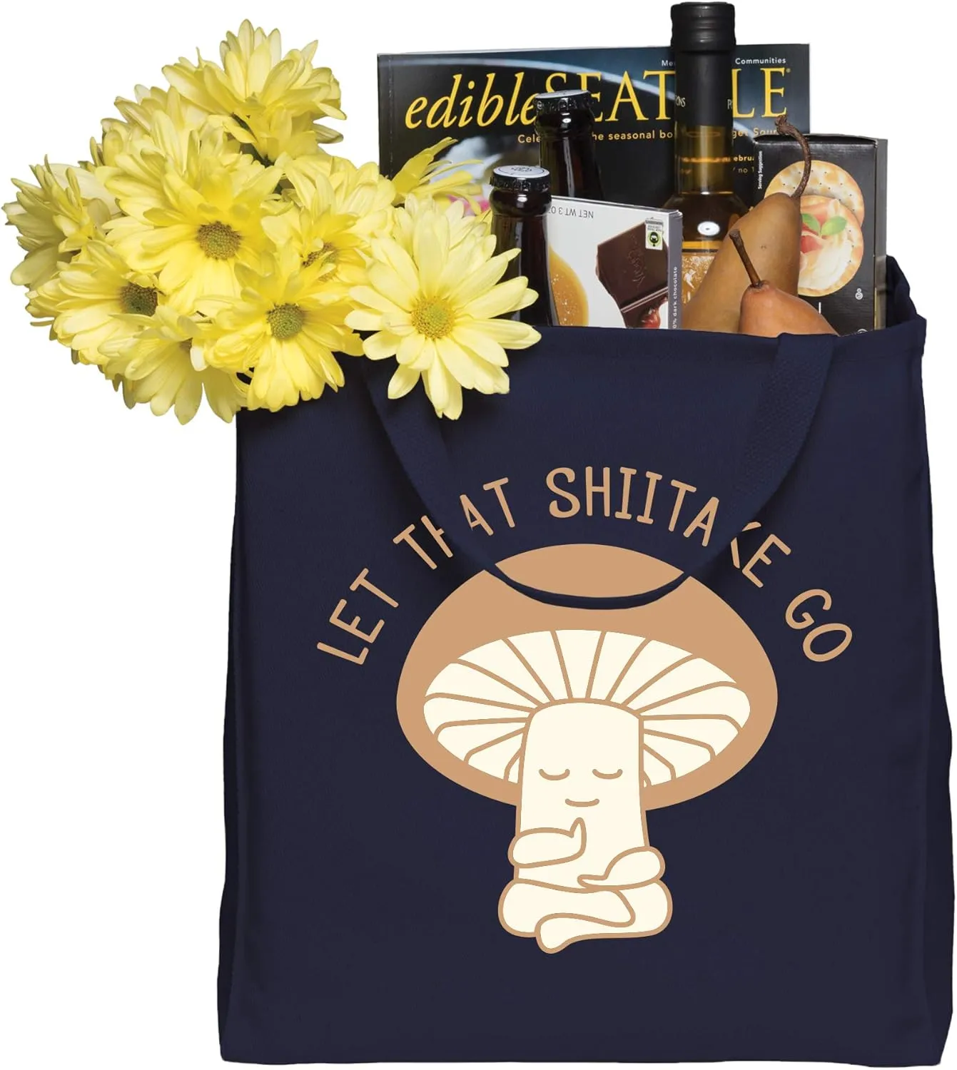 Let That Shiitake Go - Meditation Mushroom Funny Canvas Reusable Grocery Tote Bag