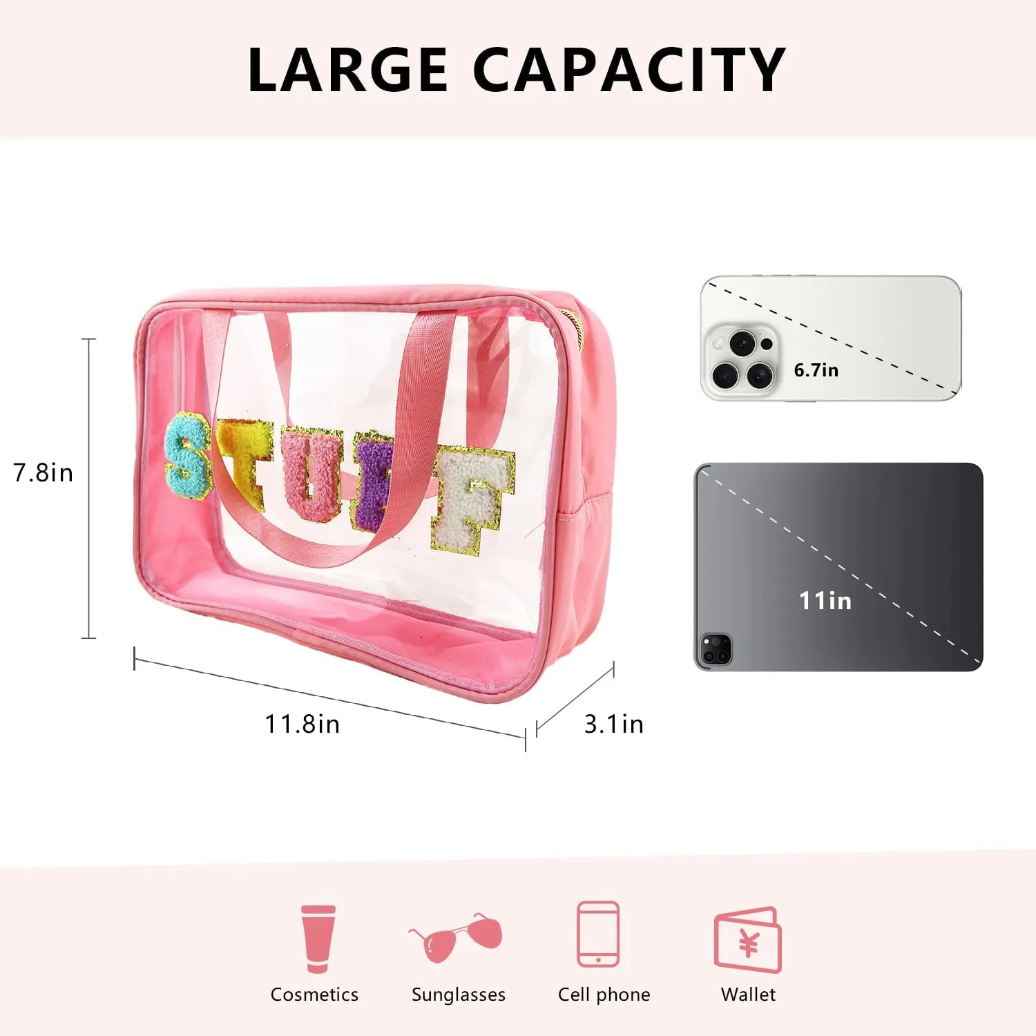 Letter Patch Clear Makeup Bag, Pink Travel Toiletry Bag Preppy Cosmetic Bag with Handle, Waterproof Beach Storage Bag Large Snacks Bag Organizer for Women Girls (Stuff Letter)