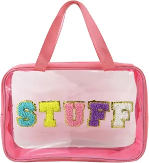 Letter Patch Clear Makeup Bag, Pink Travel Toiletry Bag Preppy Cosmetic Bag with Handle, Waterproof Beach Storage Bag Large Snacks Bag Organizer for Women Girls (Stuff Letter)