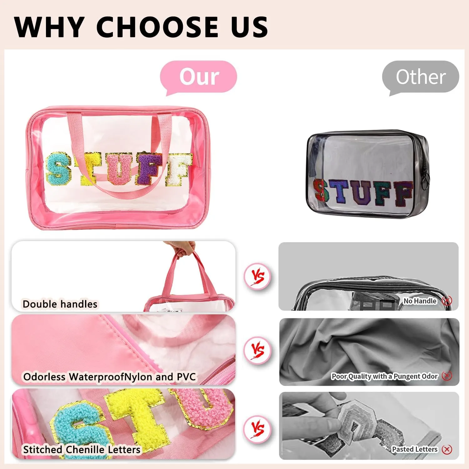 Letter Patch Clear Makeup Bag, Pink Travel Toiletry Bag Preppy Cosmetic Bag with Handle, Waterproof Beach Storage Bag Large Snacks Bag Organizer for Women Girls (Stuff Letter)
