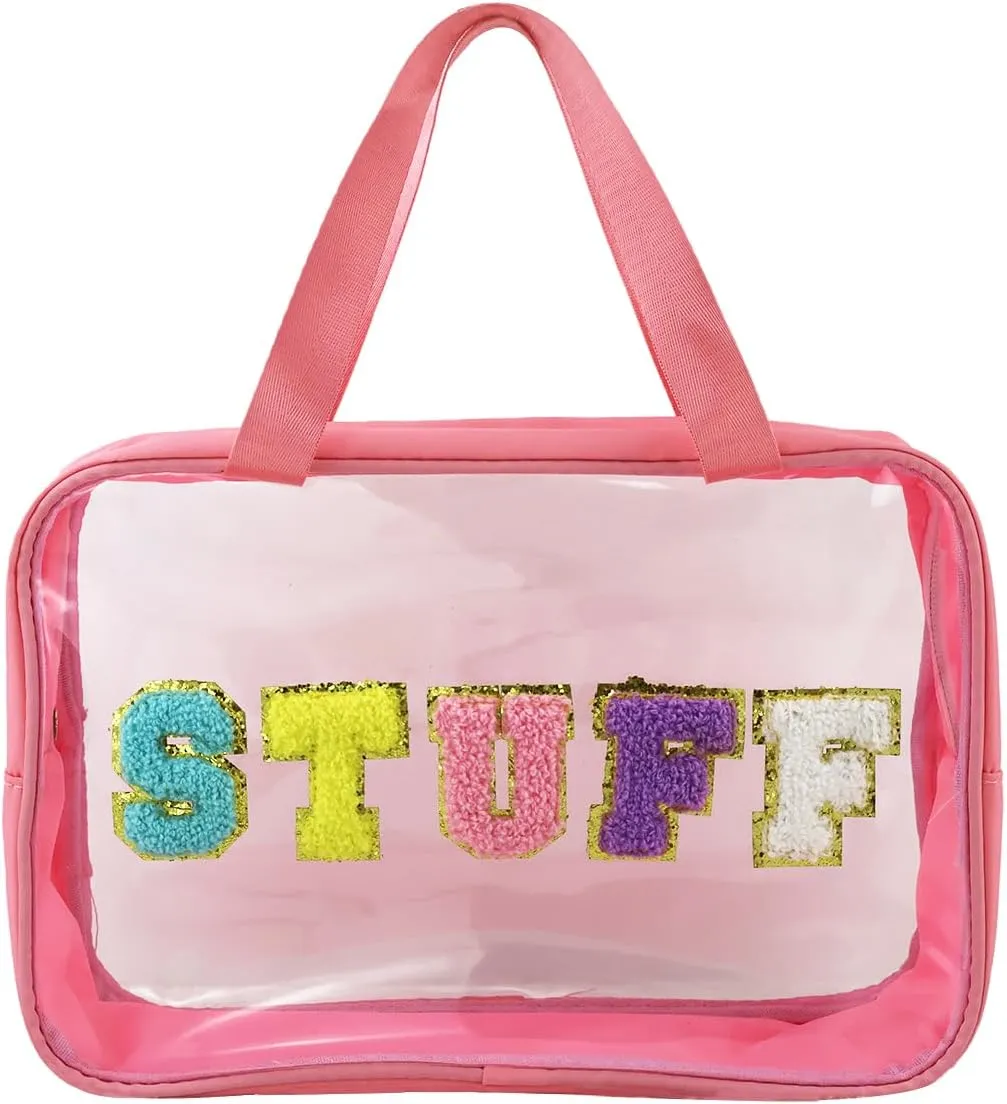 Letter Patch Clear Makeup Bag, Pink Travel Toiletry Bag Preppy Cosmetic Bag with Handle, Waterproof Beach Storage Bag Large Snacks Bag Organizer for Women Girls (Stuff Letter)