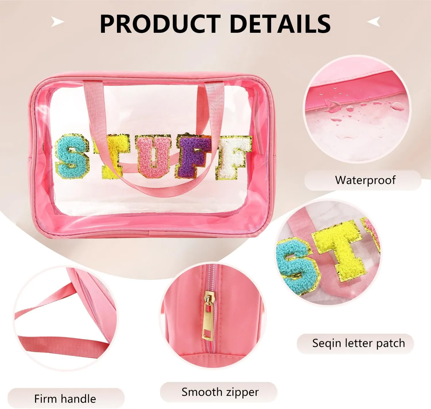 Letter Patch Clear Makeup Bag, Pink Travel Toiletry Bag Preppy Cosmetic Bag with Handle, Waterproof Beach Storage Bag Large Snacks Bag Organizer for Women Girls (Stuff Letter)