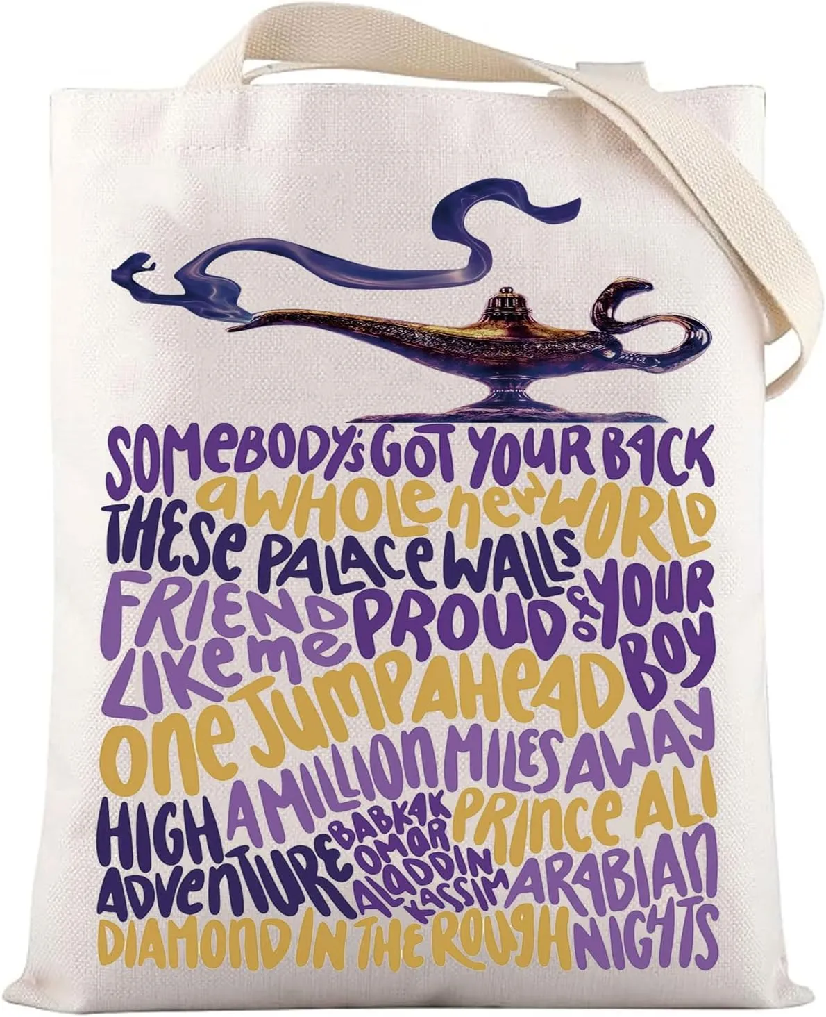 LEVLO Aladdin Musical Canvas Tote Bag Jasmine Musical Fans Gift Genie Lamp Grocery Reusable Bag