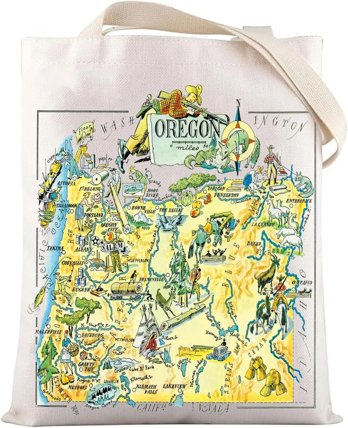 LEVLO Fun State Map Of Oregon Canvas Tote Bag Oregon Travel Souvenir Gift 1940’s Oregon Cartoon Illustration Shoulder Bag