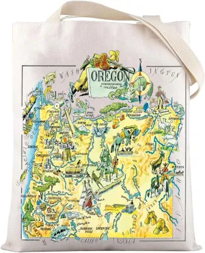 LEVLO Fun State Map Of Oregon Canvas Tote Bag Oregon Travel Souvenir Gift 1940’s Oregon Cartoon Illustration Shoulder Bag