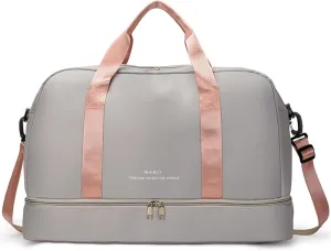 Light Gym Bag for Women, Large Capacity Sports Travel Duffle Bag with with Shoe Compartment & Wet Pocket,Lady Weekender Overnight Aircraft Bag （Grey）