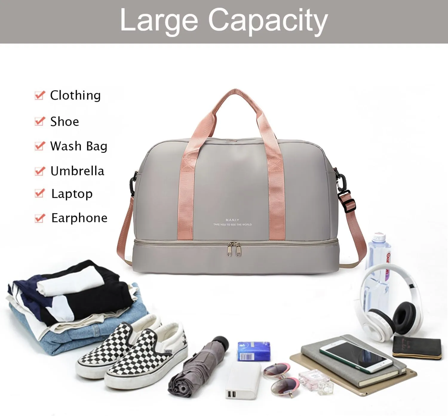 Light Gym Bag for Women, Large Capacity Sports Travel Duffle Bag with with Shoe Compartment & Wet Pocket,Lady Weekender Overnight Aircraft Bag （Grey）
