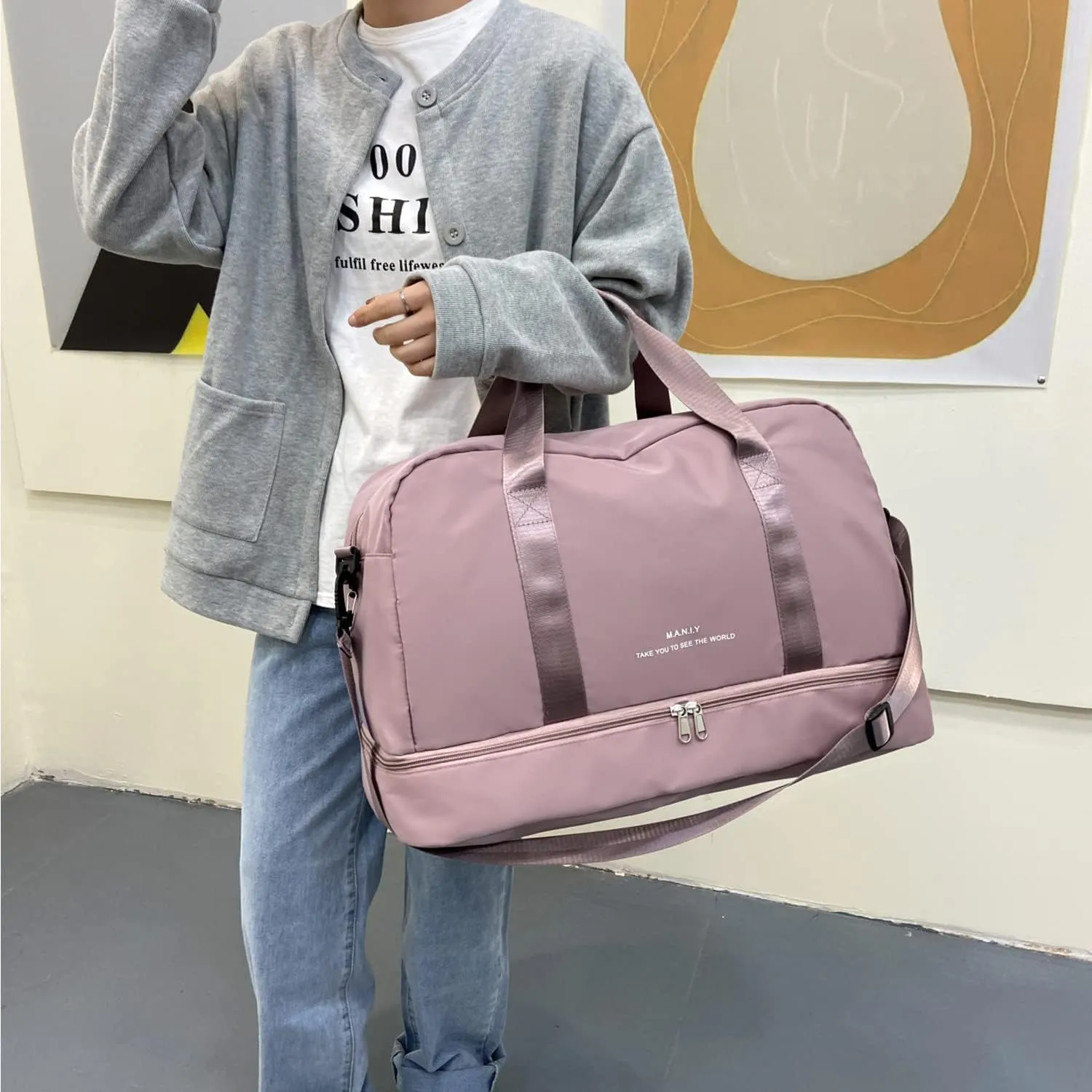 Light Gym Bag for Women, Sports Travel Duffle Bag with with Shoe Compartment & Wet Pocket,Large Capacity Weekender Overnight Aircraft Bag, Travel, Gym, Yoga（Pink）