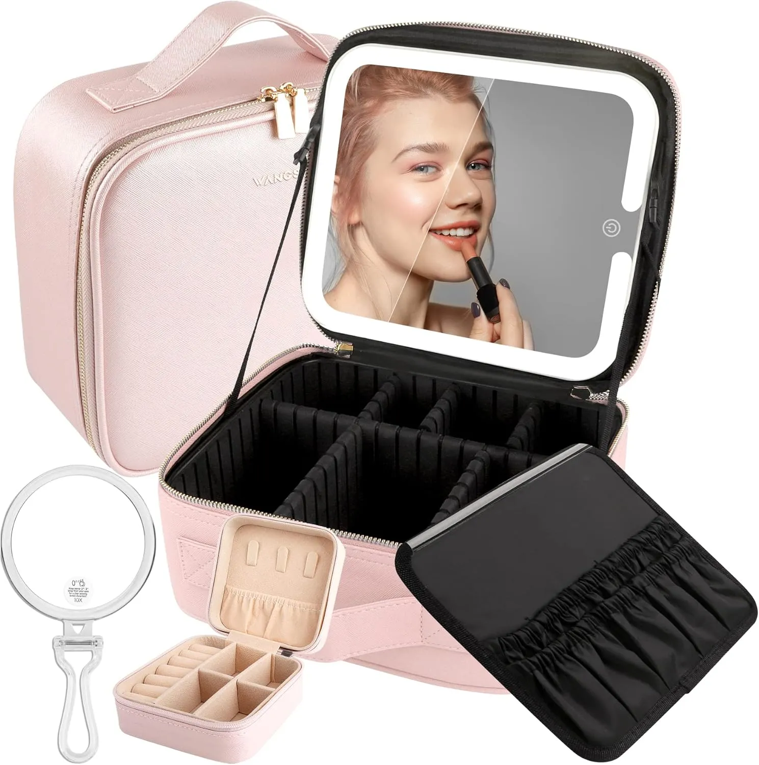 Lighted Makeup Case with Full-screen HD Mirror Travel Makeup Train Case with Adjustable Dividers Cosmetic bag with Foldable 1x/10x Magnifying Mirror and Jewelry Box Phosphor