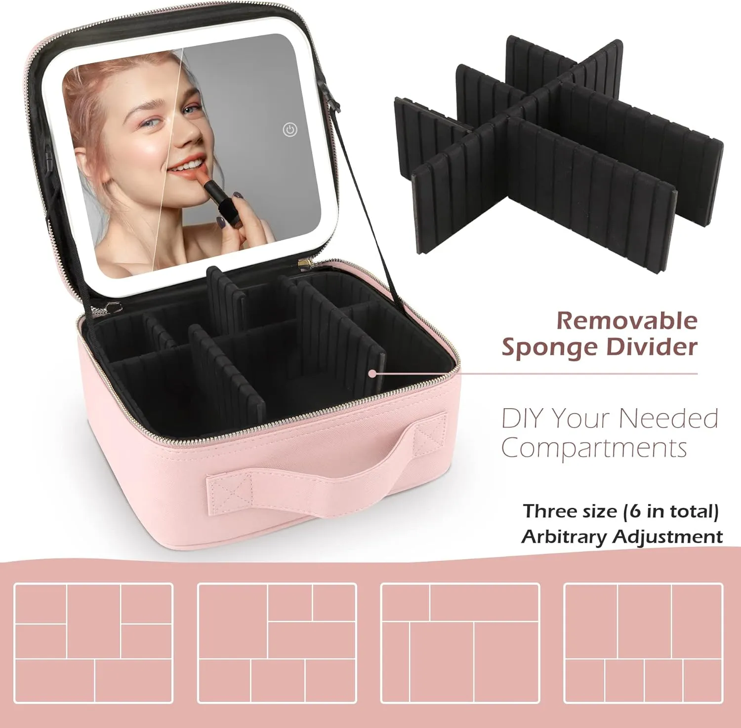 Lighted Makeup Case with Full-screen HD Mirror Travel Makeup Train Case with Adjustable Dividers Cosmetic bag with Foldable 1x/10x Magnifying Mirror and Jewelry Box Phosphor
