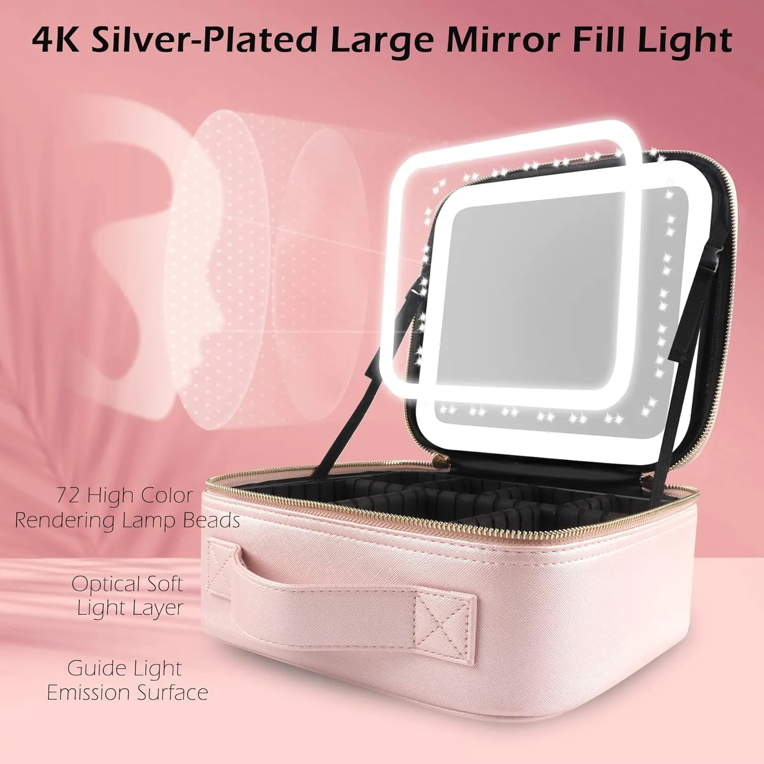 Lighted Makeup Case with Full-screen HD Mirror Travel Makeup Train Case with Adjustable Dividers Cosmetic bag with Foldable 1x/10x Magnifying Mirror and Jewelry Box Phosphor