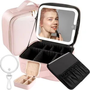 Lighted Makeup Case with Full-screen HD Mirror Travel Makeup Train Case with Adjustable Dividers Cosmetic bag with Foldable 1x/10x Magnifying Mirror and Jewelry Box Phosphor