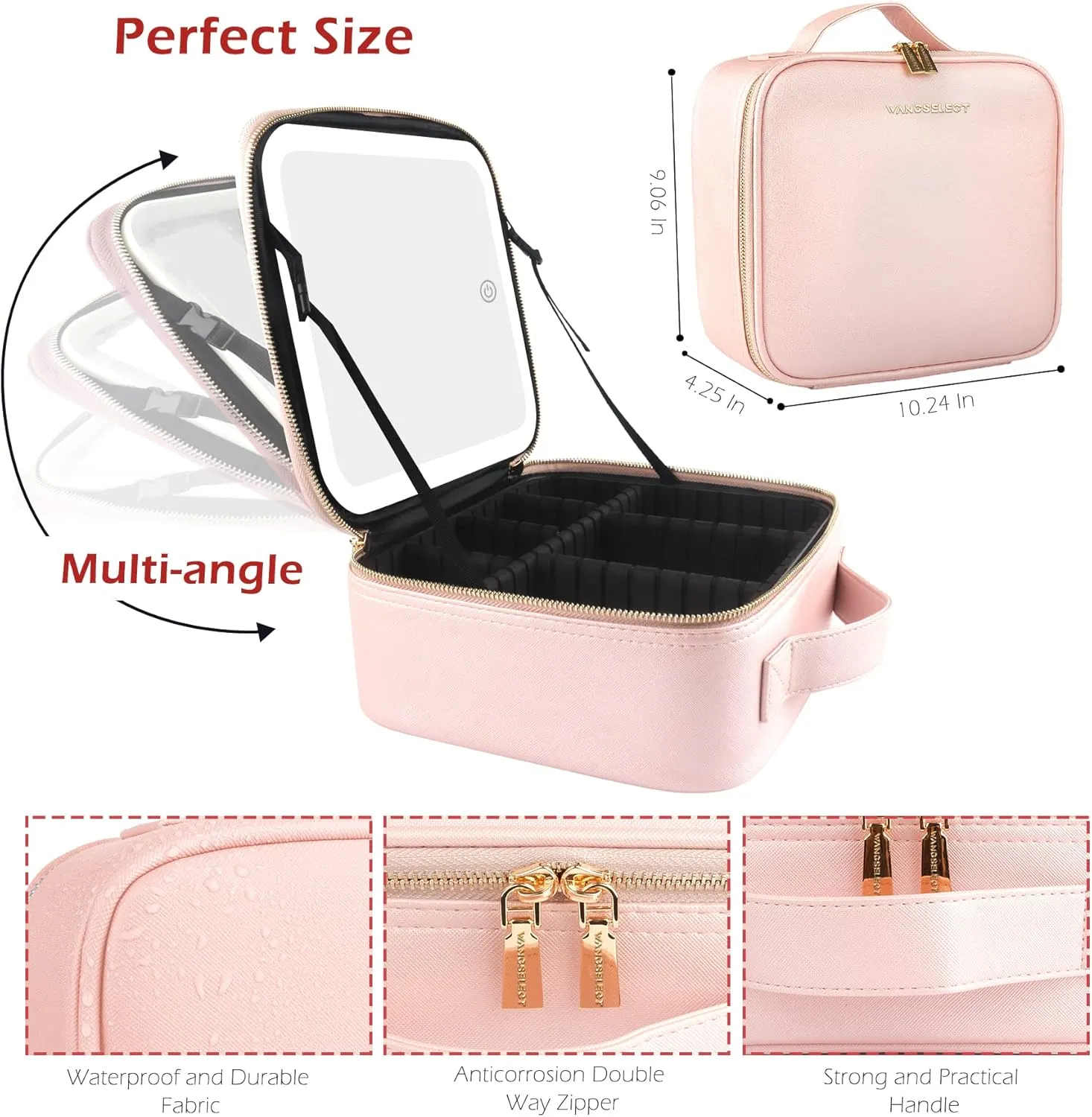 Lighted Makeup Case with Full-screen HD Mirror Travel Makeup Train Case with Adjustable Dividers Cosmetic bag with Foldable 1x/10x Magnifying Mirror and Jewelry Box Phosphor