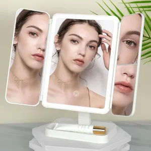 Lighted Makeup Mirror Folding Vanity Mirror Lighted Trifold Vanity Mirror 180° Adjustable Angle Travel Cosmetic Mirror Dimmable Lights A,16 * 11 * 29CM
