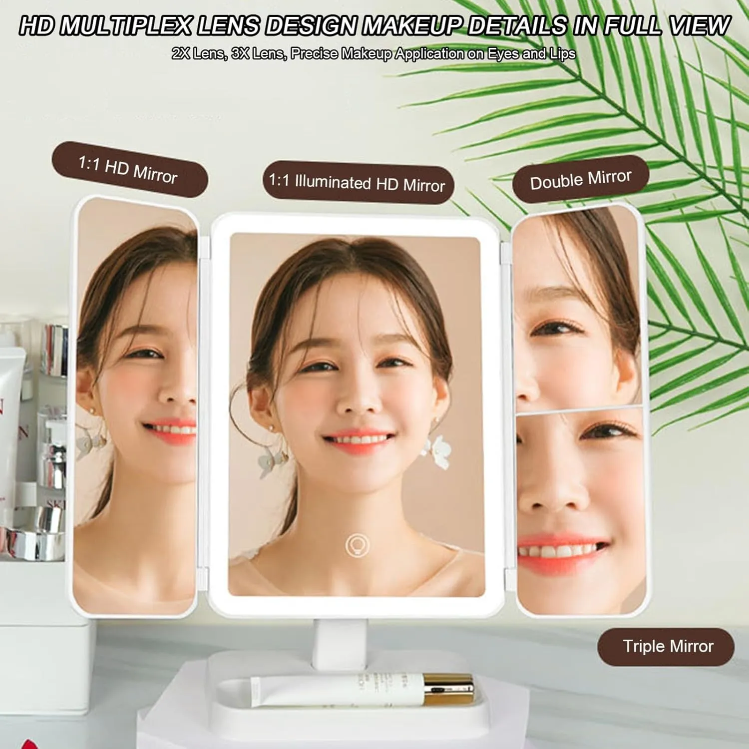 Lighted Makeup Mirror Folding Vanity Mirror Lighted Trifold Vanity Mirror 180° Adjustable Angle Travel Cosmetic Mirror Dimmable Lights A,16 * 11 * 29CM