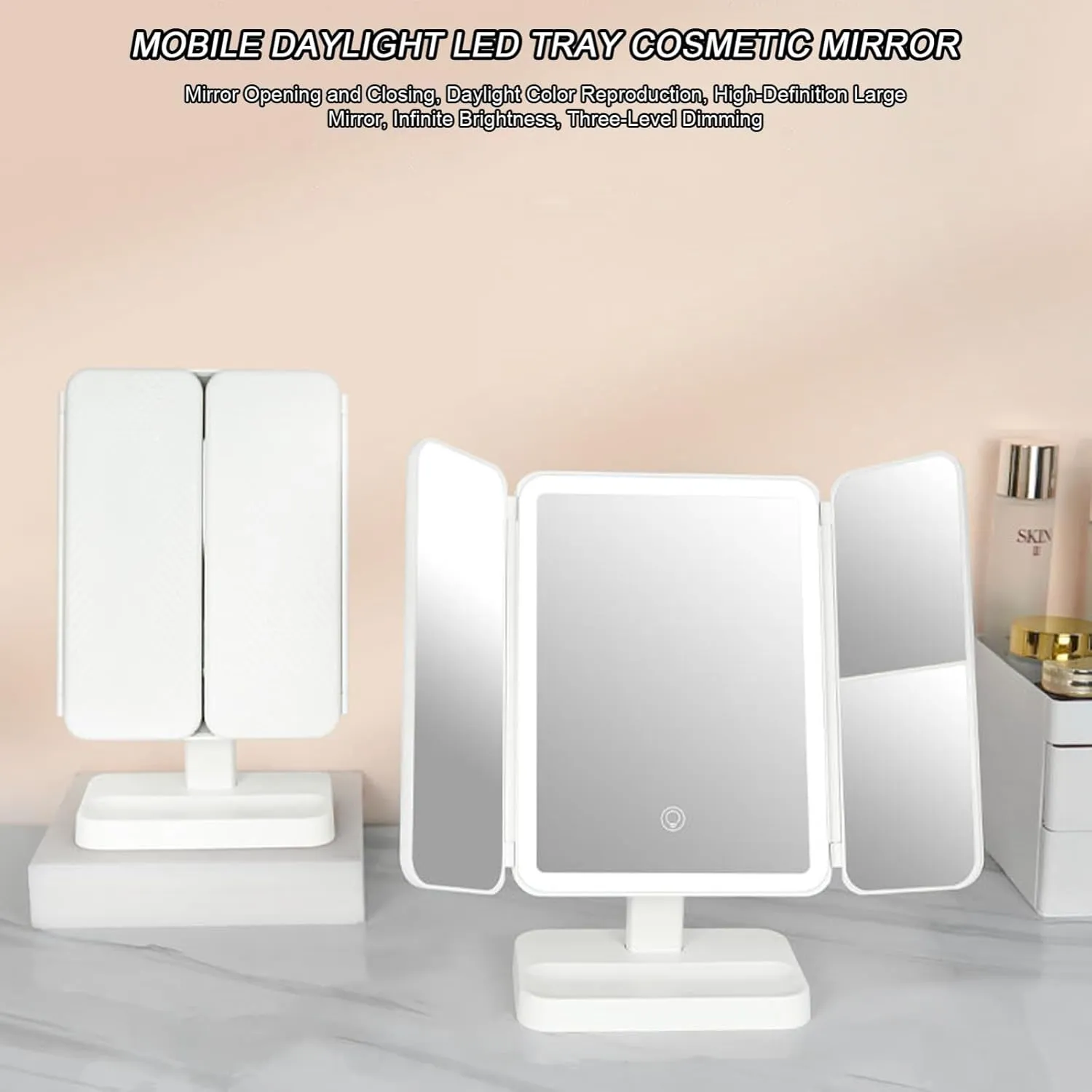 Lighted Makeup Mirror Folding Vanity Mirror Lighted Trifold Vanity Mirror 180° Adjustable Angle Travel Cosmetic Mirror Dimmable Lights A,16 * 11 * 29CM