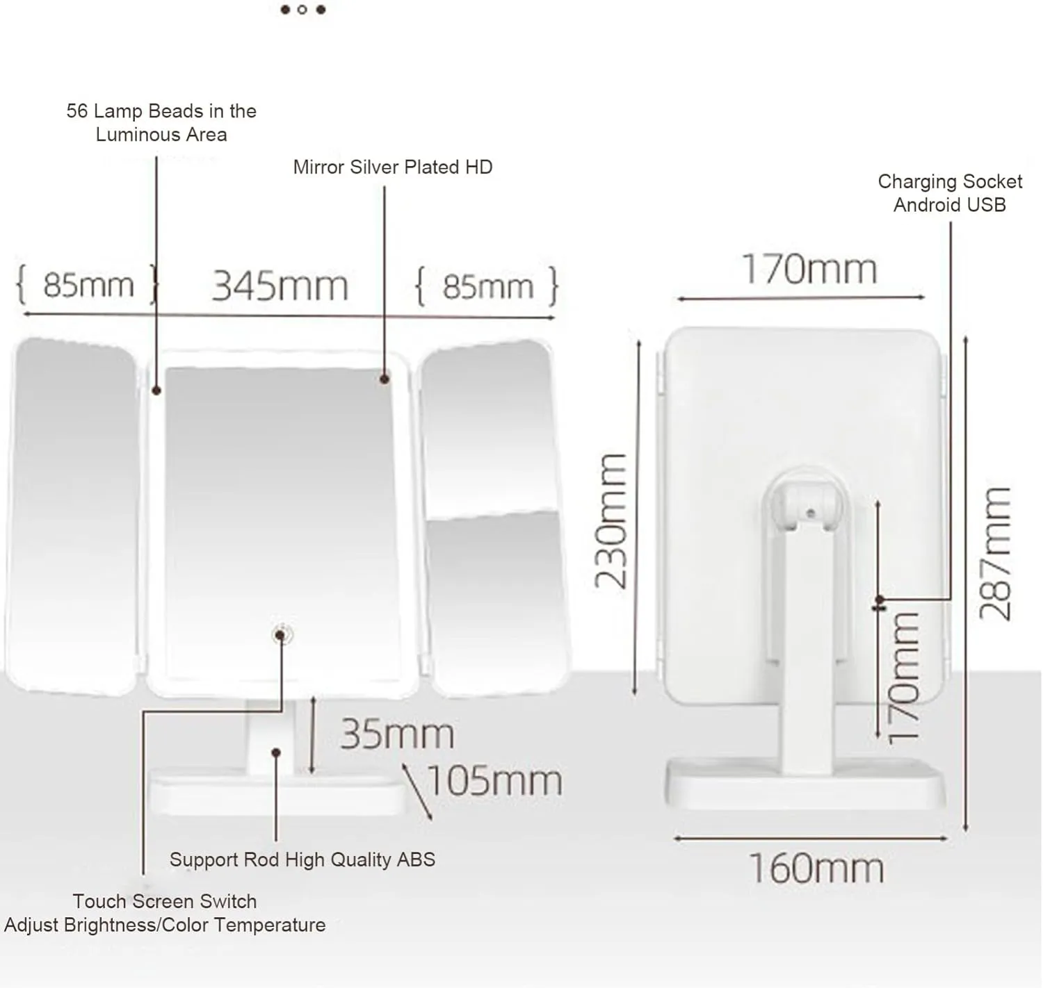 Lighted Makeup Mirror Folding Vanity Mirror Lighted Trifold Vanity Mirror 180° Adjustable Angle Travel Cosmetic Mirror Dimmable Lights A,16 * 11 * 29CM