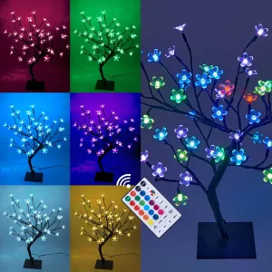 LIGHTSHARE 18 Inch Cherry Blossom Bonsai Tree, 48 LED Lights, RGB with Remote Control, 16 Color-Changing Modes, 24V UL Listed Adapter Included, Metal Base Ideal As Night Lights