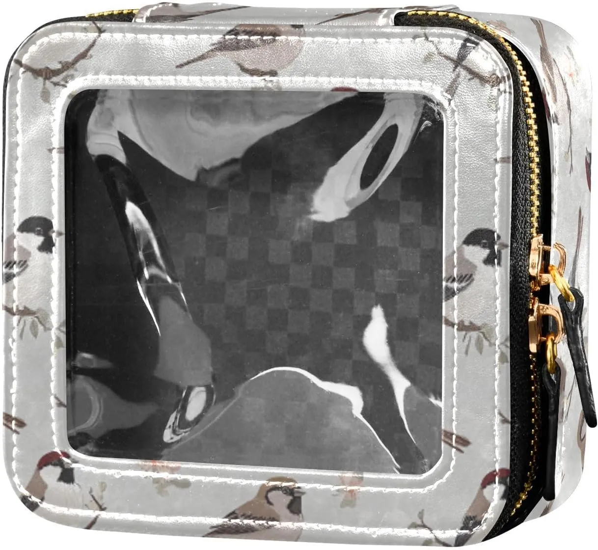 linqin Cute Sparrow Birds Mini Clear Makeup Bag Clear Travel Toiletry Bag Cosmetic Bag for Traveling