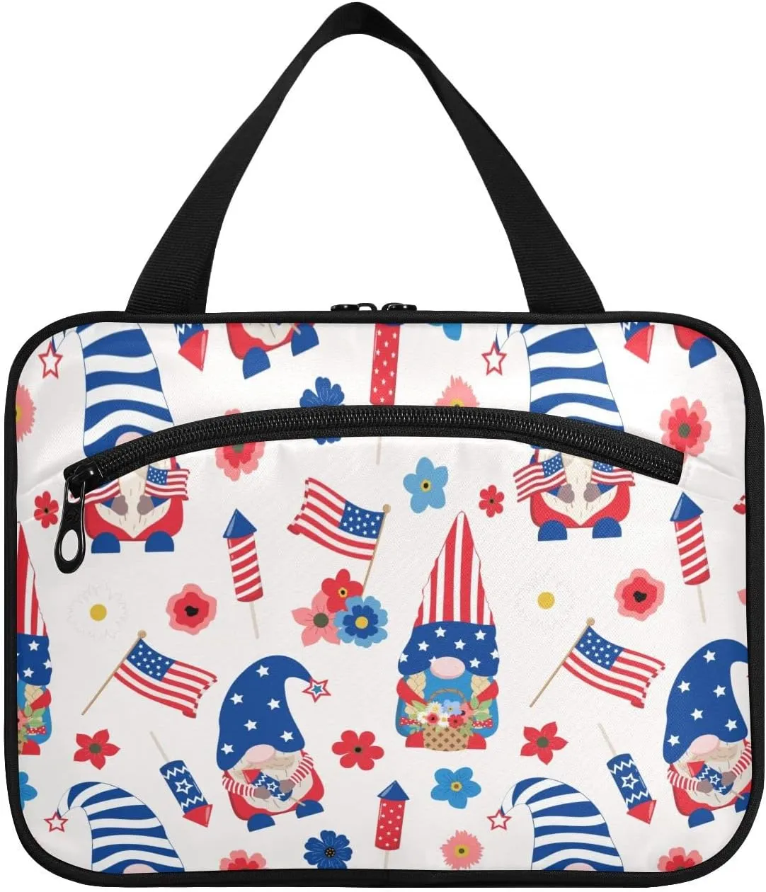 linqin Toiletry Bag for Travel, 4th July Patriotic Gnomes Holding Flower Makeup Bag Large Cosmetic Bag Organizer with Hanging Hook for Women Men