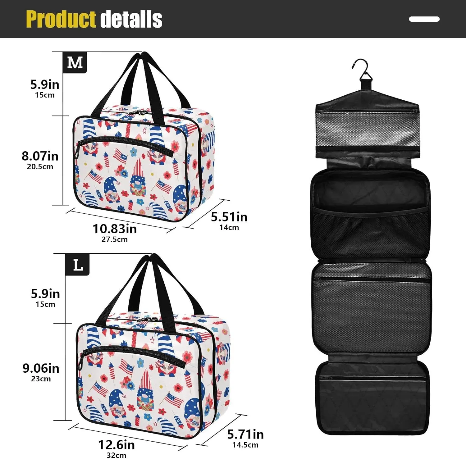 linqin Toiletry Bag for Travel, 4th July Patriotic Gnomes Holding Flower Makeup Bag Large Cosmetic Bag Organizer with Hanging Hook for Women Men
