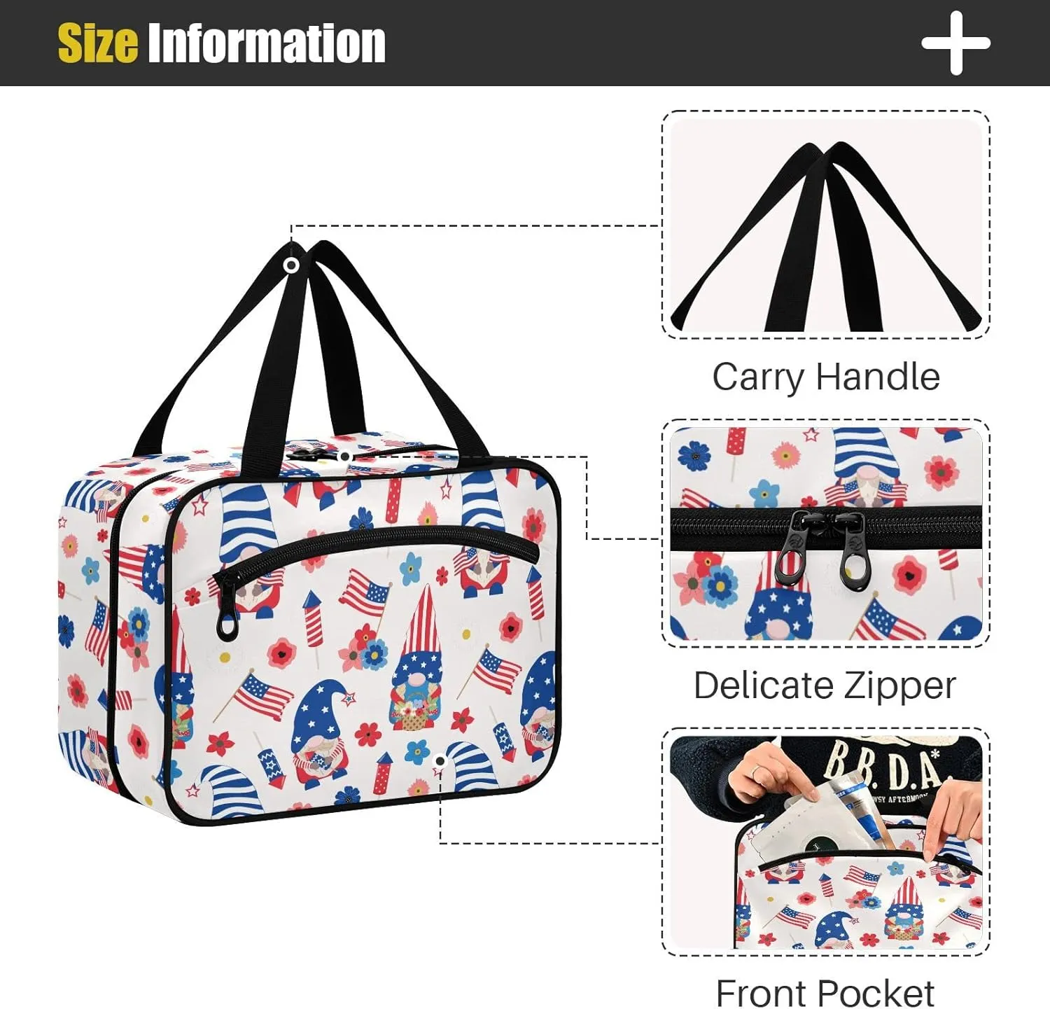 linqin Toiletry Bag for Travel, 4th July Patriotic Gnomes Holding Flower Makeup Bag Large Cosmetic Bag Organizer with Hanging Hook for Women Men