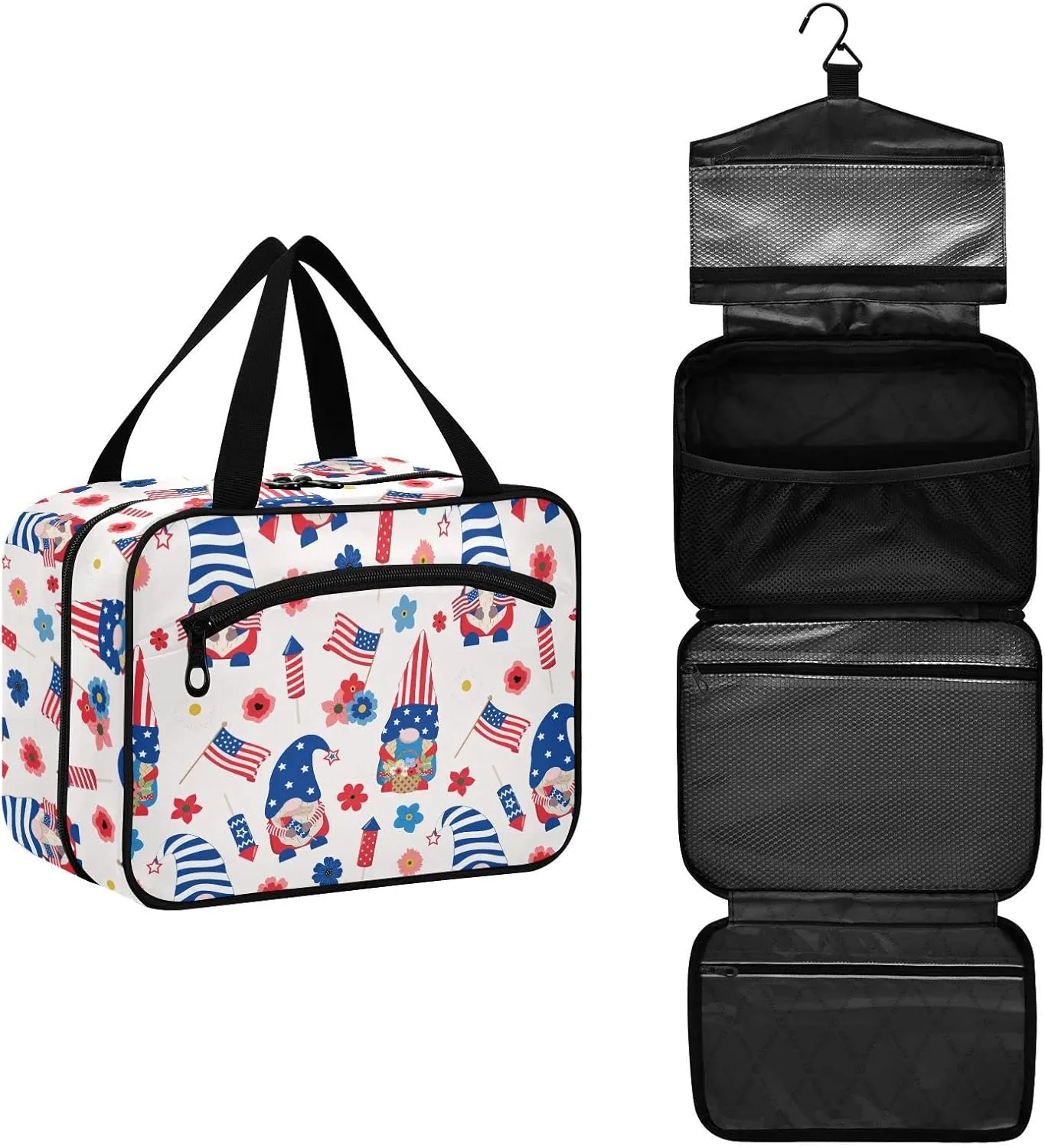 linqin Toiletry Bag for Travel, 4th July Patriotic Gnomes Holding Flower Makeup Bag Large Cosmetic Bag Organizer with Hanging Hook for Women Men