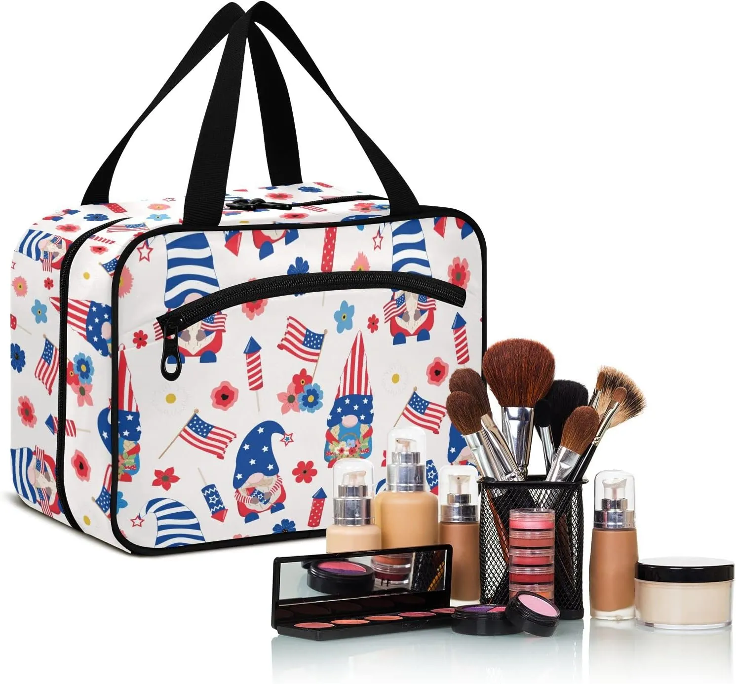 linqin Toiletry Bag for Travel, 4th July Patriotic Gnomes Holding Flower Makeup Bag Large Cosmetic Bag Organizer with Hanging Hook for Women Men