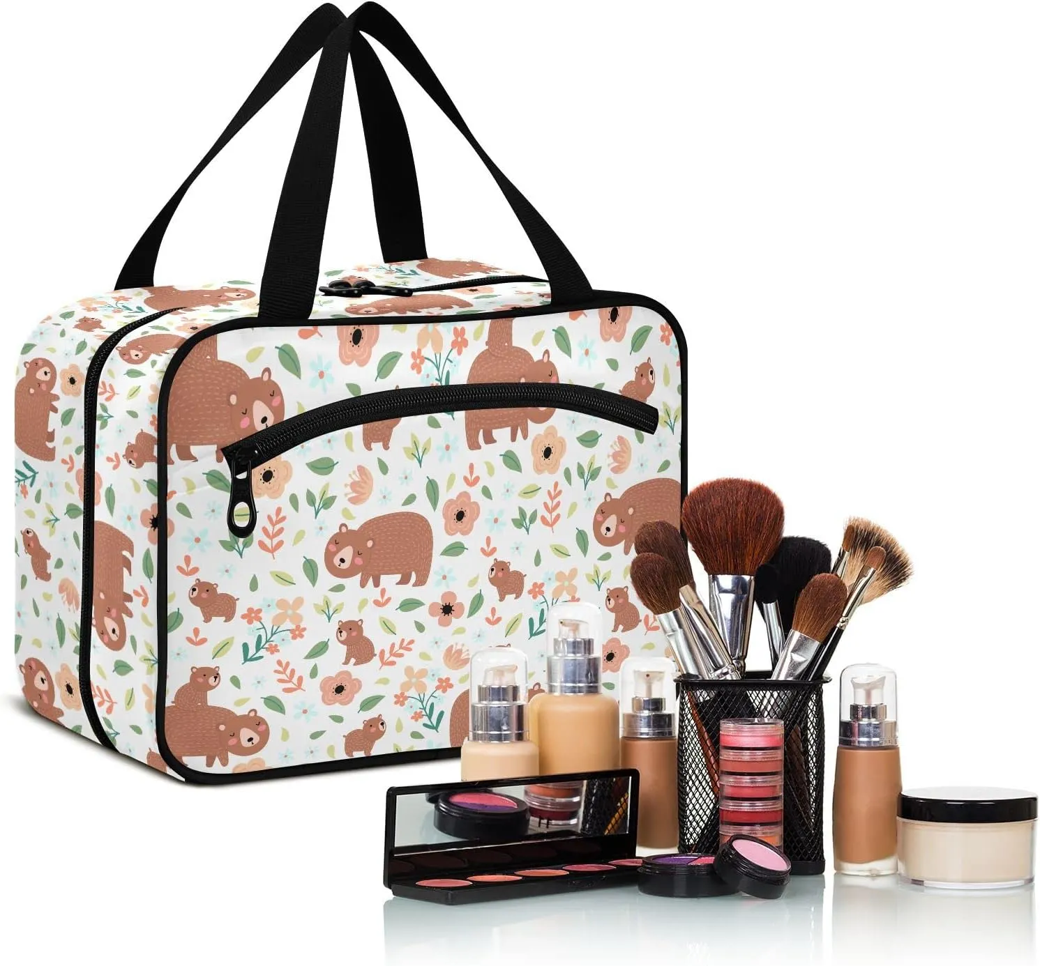 linqin Toiletry Bag for Travel, Cute Bears Family Flowers Makeup Bag Large Cosmetic Bag Organizer with Hanging Hook for Women Men