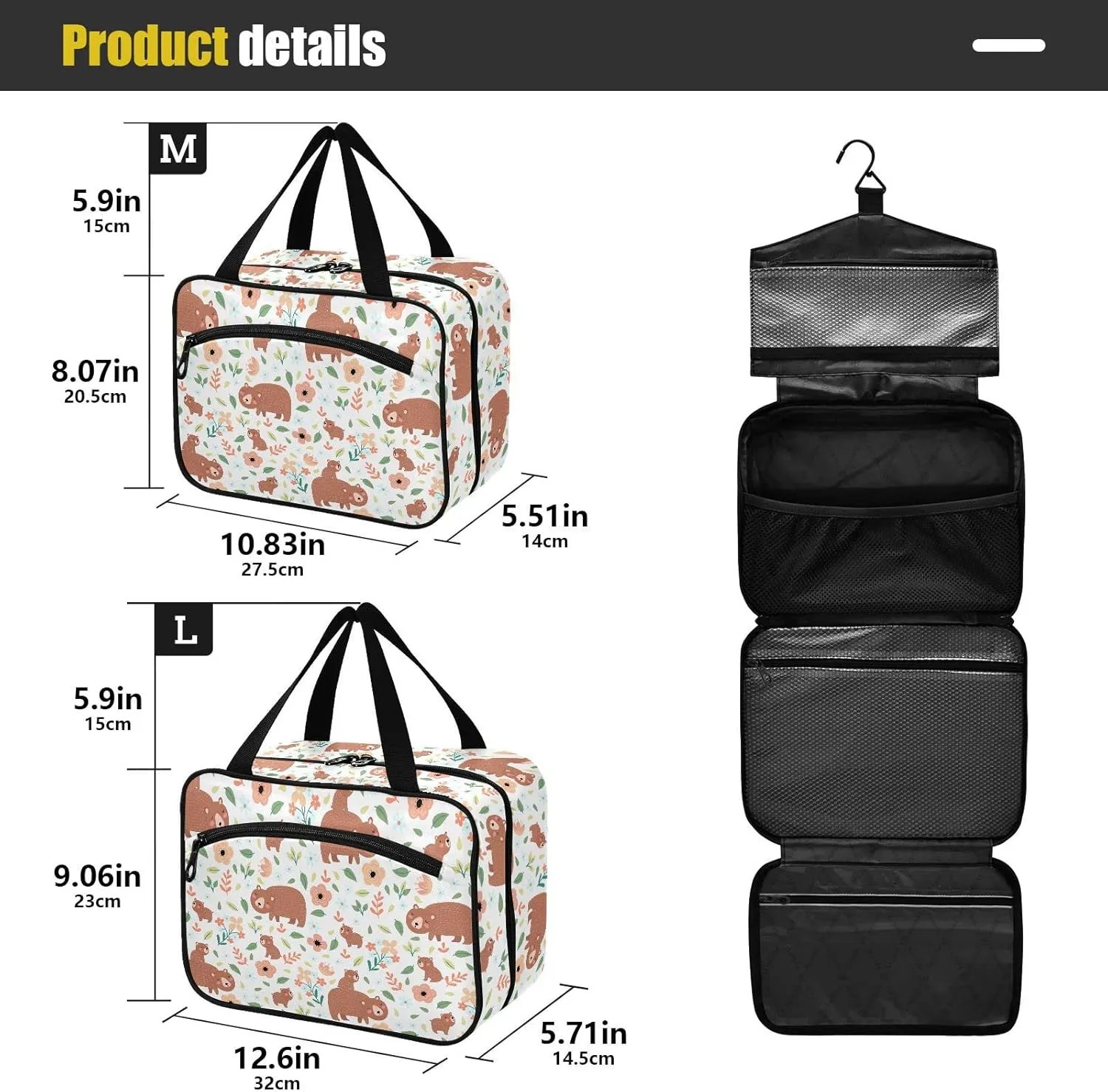 linqin Toiletry Bag for Travel, Cute Bears Family Flowers Makeup Bag Large Cosmetic Bag Organizer with Hanging Hook for Women Men