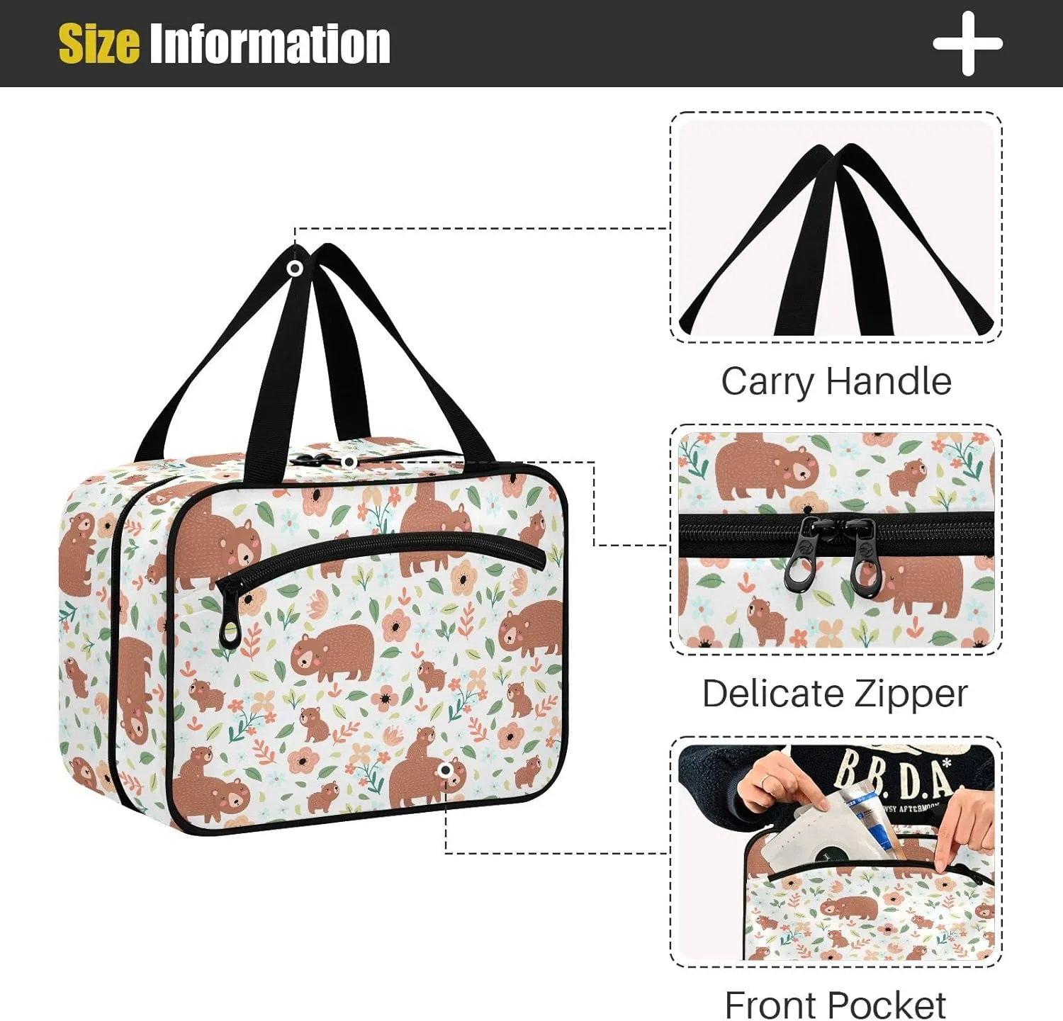 linqin Toiletry Bag for Travel, Cute Bears Family Flowers Makeup Bag Large Cosmetic Bag Organizer with Hanging Hook for Women Men