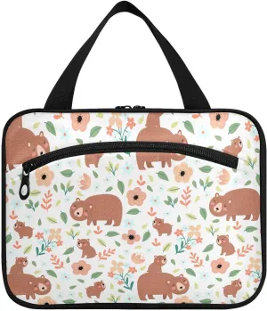 linqin Toiletry Bag for Travel, Cute Bears Family Flowers Makeup Bag Large Cosmetic Bag Organizer with Hanging Hook for Women Men
