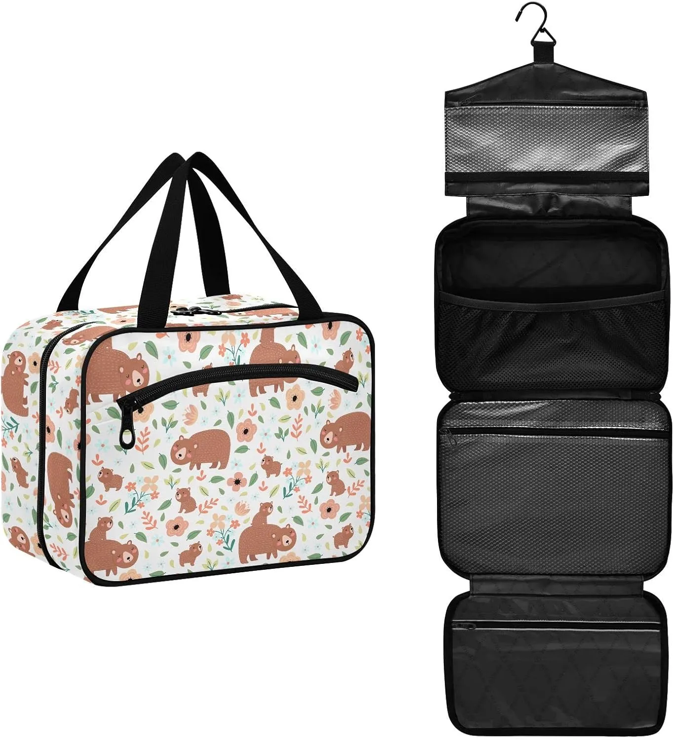 linqin Toiletry Bag for Travel, Cute Bears Family Flowers Makeup Bag Large Cosmetic Bag Organizer with Hanging Hook for Women Men