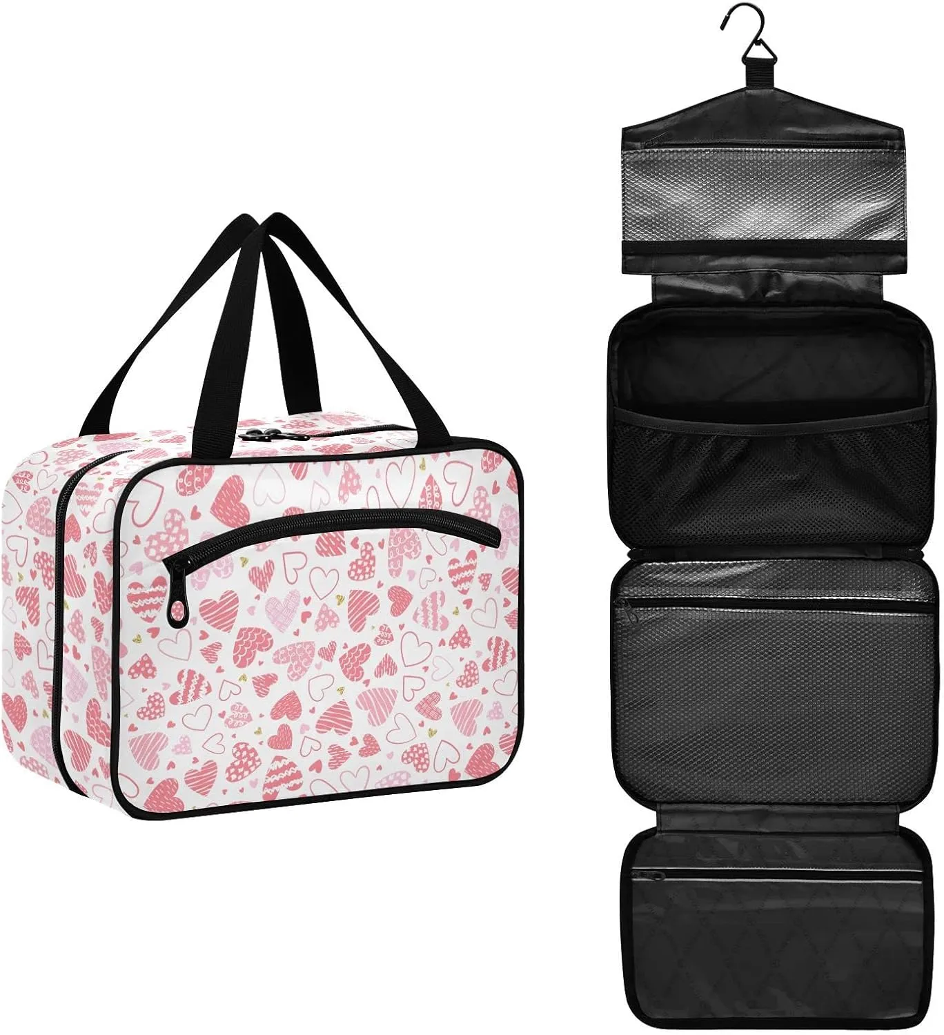 linqin Toiletry Bag for Travel, Cute Hearts Makeup Bag Large Cosmetic Bag Organizer with Hanging Hook for Women Men