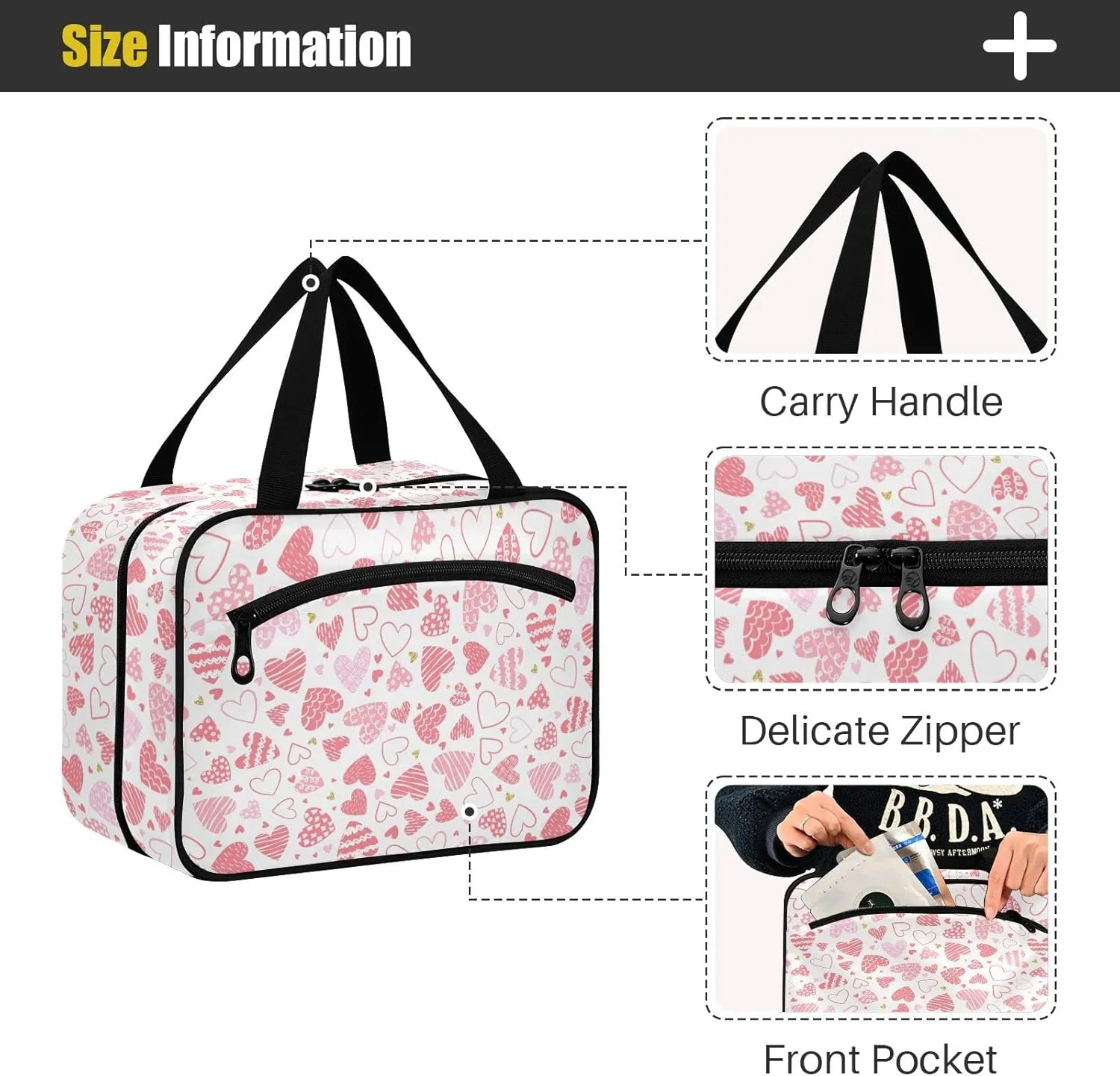 linqin Toiletry Bag for Travel, Cute Hearts Makeup Bag Large Cosmetic Bag Organizer with Hanging Hook for Women Men